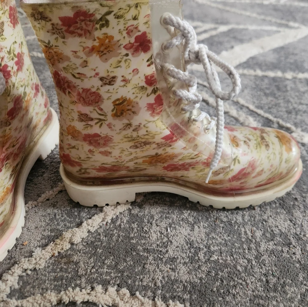 Dirty Laundry Floral Clear Rain Boots - Pink, Cream, Green